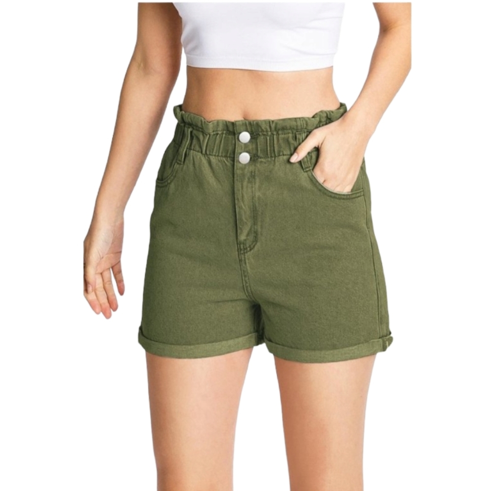 Love Tree Women's Olive Green Denim Jean Paper Bag High Waist Shorts szM